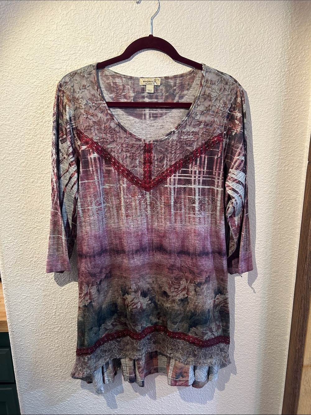 ONE WORLD Mauve Multi Boho Ombre Tunic with Burgundy Accents